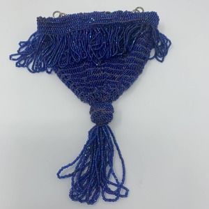 Antique 1920's Blue Seed Beaded Flapper Purse Draw String Pouch Tassels